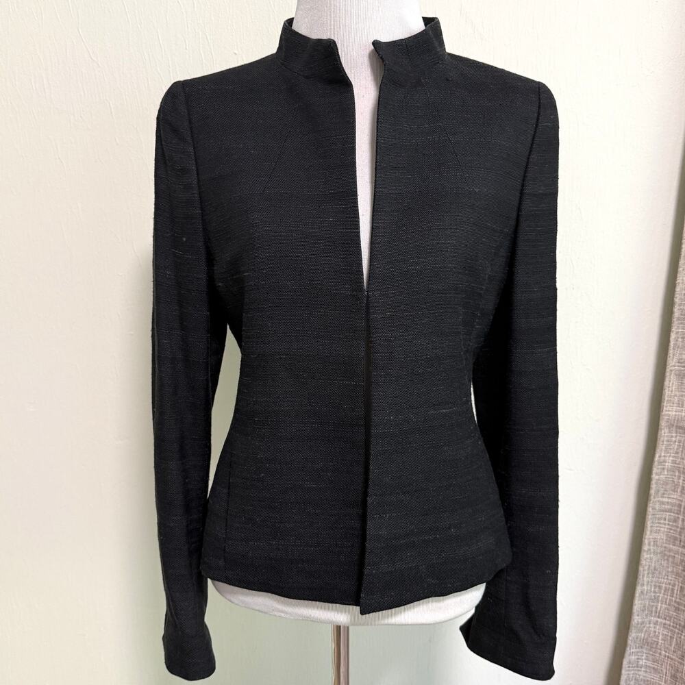 Akris Womens Silk Blazer Jacket 6 Black Woven Career Minimalist Classic Preppy